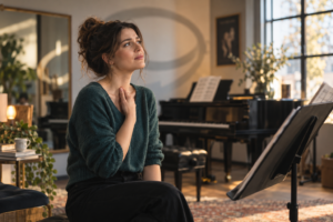 Singer pausing during practice to notice tension returning in her throat.