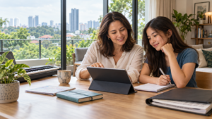 Parent and teenage child comparing singing-lesson options together in a Singapore home.