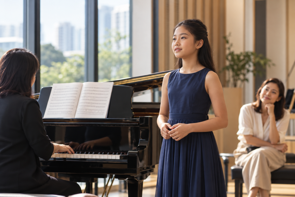 Young singer rehearsing her SOTA voice audition pieces with a pianist while her parent observes.