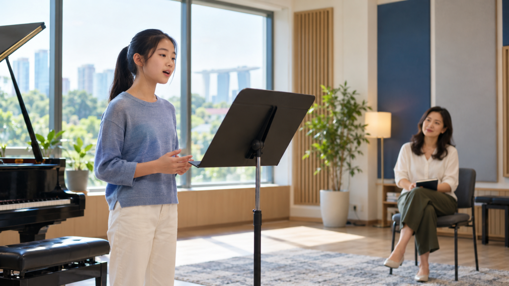 A secondary-school-aged singer rehearses at a music stand while her parent observes during preparation for a singing-related DSA audition in Singapore.