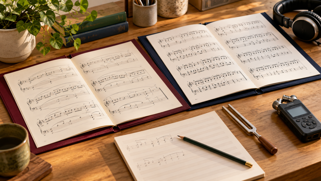 Two contrasting music scores arranged with headphones, manuscript paper, a tuning fork and an audio recorder for MEP preparation.