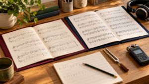 Two contrasting music scores arranged with headphones, manuscript paper, a tuning fork and an audio recorder for MEP preparation.