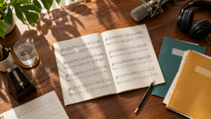 Annotated music score, rehearsal folders, microphone and metronome arranged for IGCSE singing preparation.