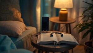 A phone, earphones and a music book in a cosy corner, ready for a short home practice session.