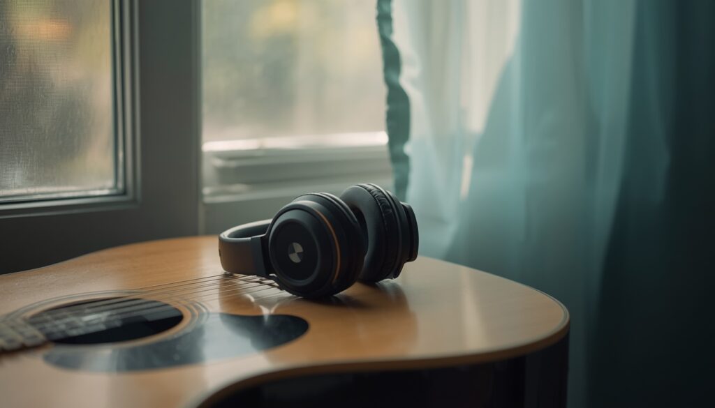 Headphones on a guitar by an open window, suggesting a teenager’s quiet interest in music.