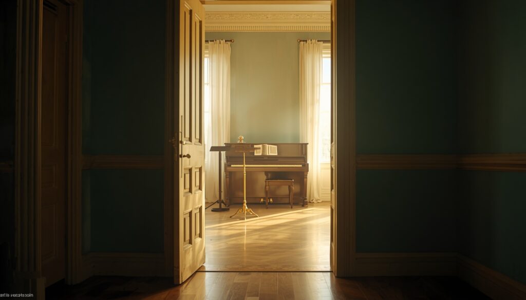 An open door leading to a sunlit music room with a piano, suggesting a welcoming first lesson.