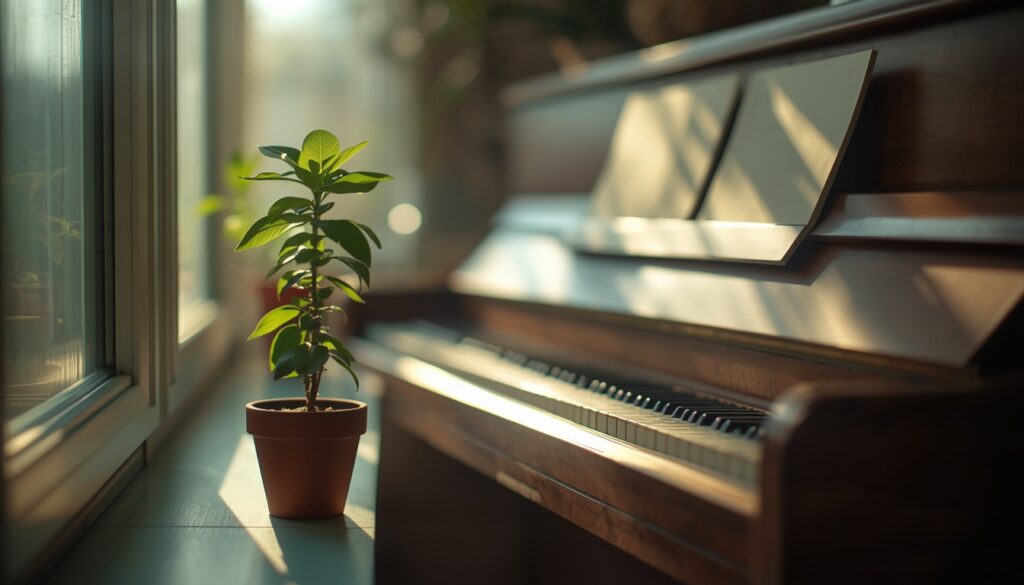 A young plant growing on a windowsill beside a piano, suggesting a voice that is still developing.
