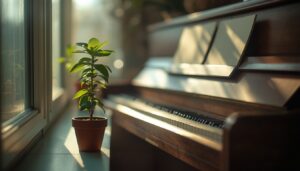 A young plant growing on a windowsill beside a piano, suggesting a voice that is still developing.