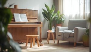 A warm, natural-light photograph of a calm, modern Singapore singing studio set up for a child’s lesson.