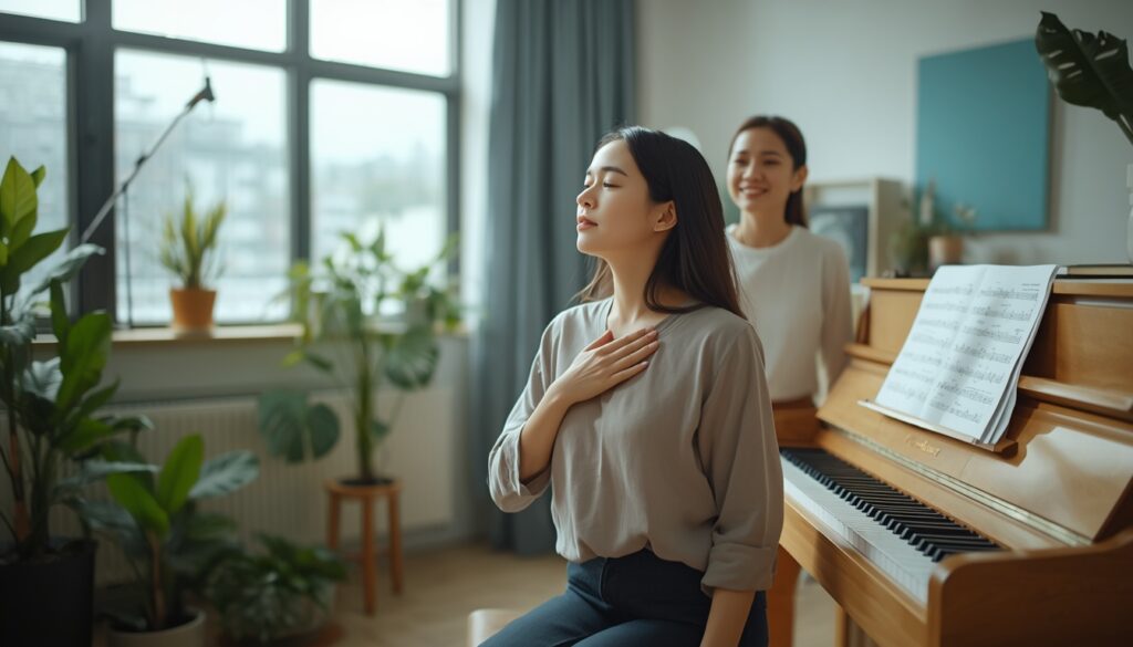 A calm, natural-light photograph of a quiet singing studio before a first lesson.