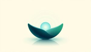 Abstract illustration of two curved blue and green shapes holding a glowing orb that sends out sound waves, representing Jin Shin Jyutsu self-help for the voice.