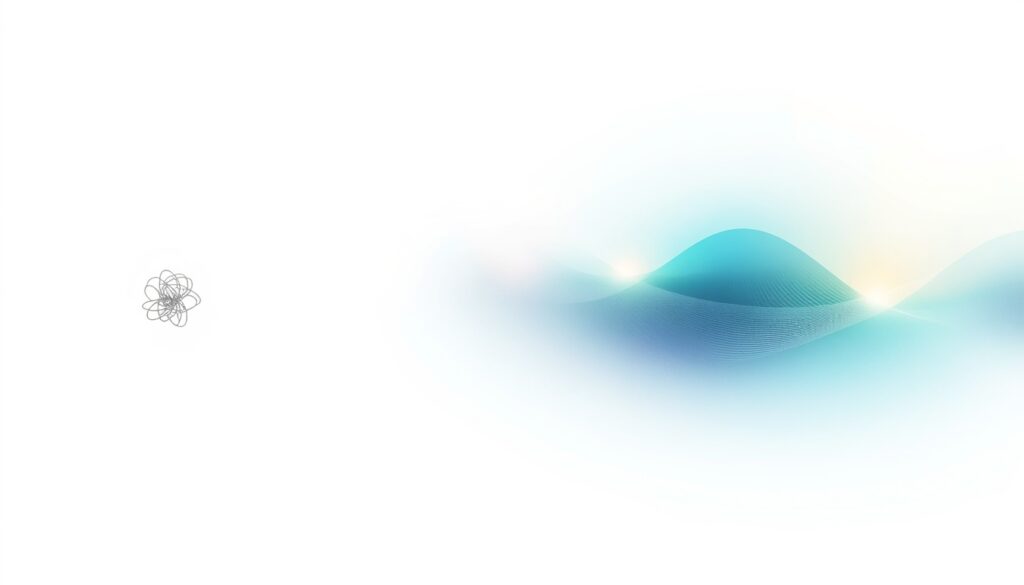 Abstract illustration of tangled grey lines loosening into a smooth blue and green sound wave, suggesting nerves easing into a calm singing voice.