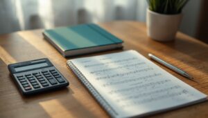 A desk with a calculator, notebook and blank music paper, suggesting planning a lesson budget.
