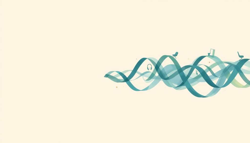 Layered ribbons of blue and green forming a sound wave, each carrying a small everyday object.