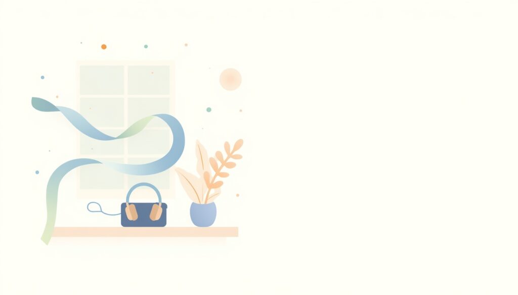 A cosy room corner with headphones and a speaker, with a soft blue and green ribbon curling around the headphones.