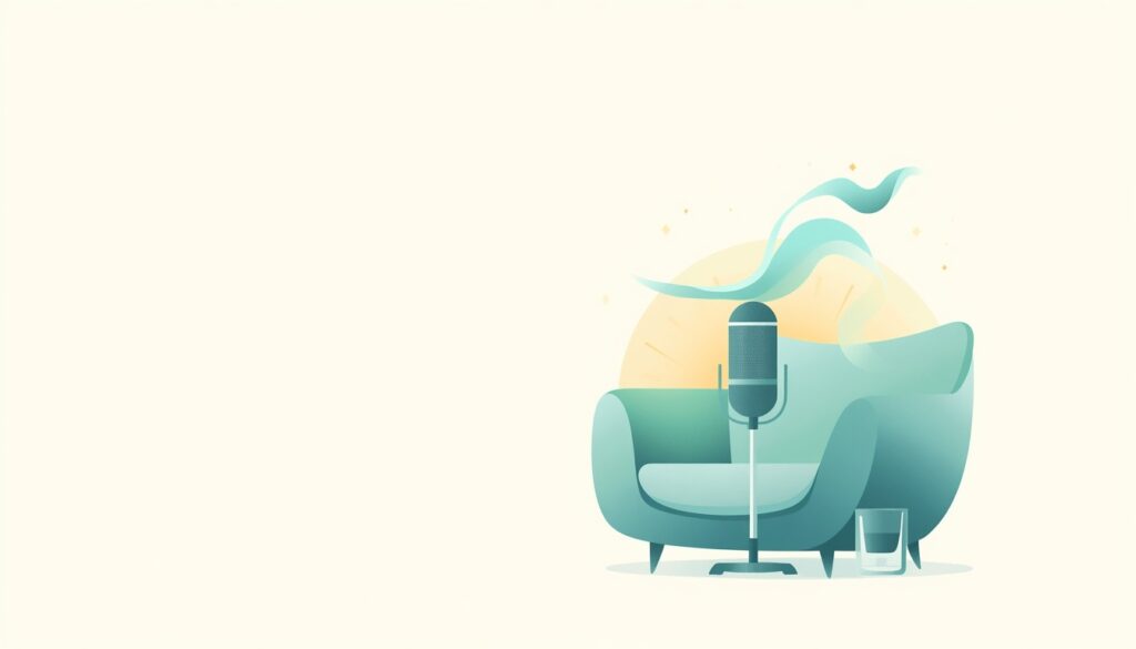 A microphone in a softly lit room with a glass of water, and a blue and green sound ribbon rising from it.