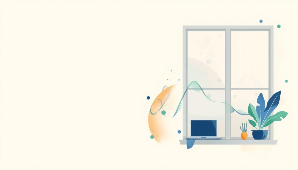 A hazy window with warm light inside, and a blue and green ribbon curling through three doorways.