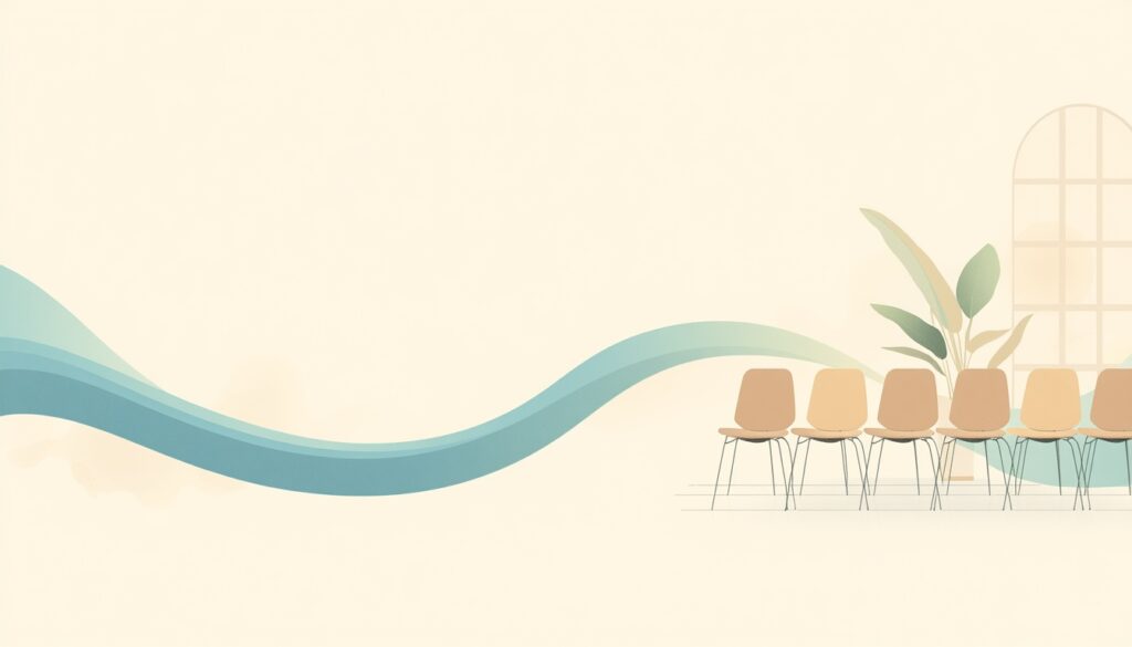 A row of chairs with a blue and green ribbon that bunches in the middle and then eases.