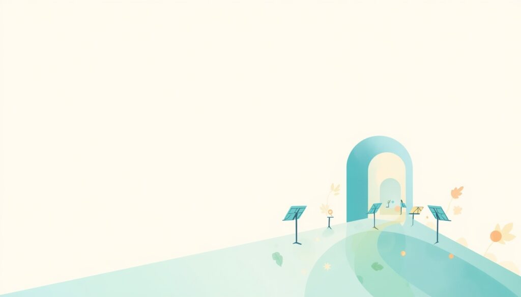 Music stands on a hazy path, with a blue and green ribbon leading to a glowing indoor archway.