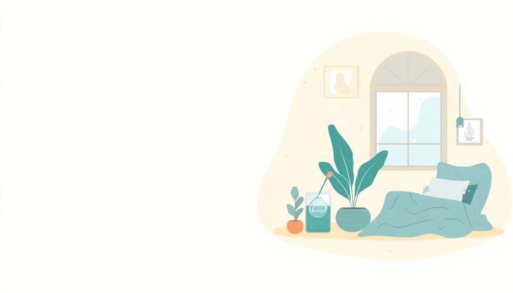 A cosy corner with a glass of water and a hazy window, with a blue and green ribbon around the glass.