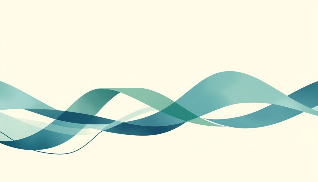 Blue and green ribbons weaving into one smooth band, with one relaxed loose thread.