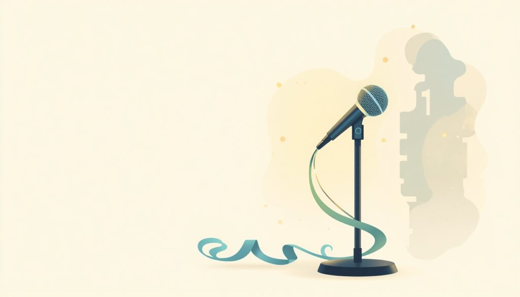 A glowing microphone with a free-flowing blue and green ribbon, and a fading ghost of a second microphone behind it.