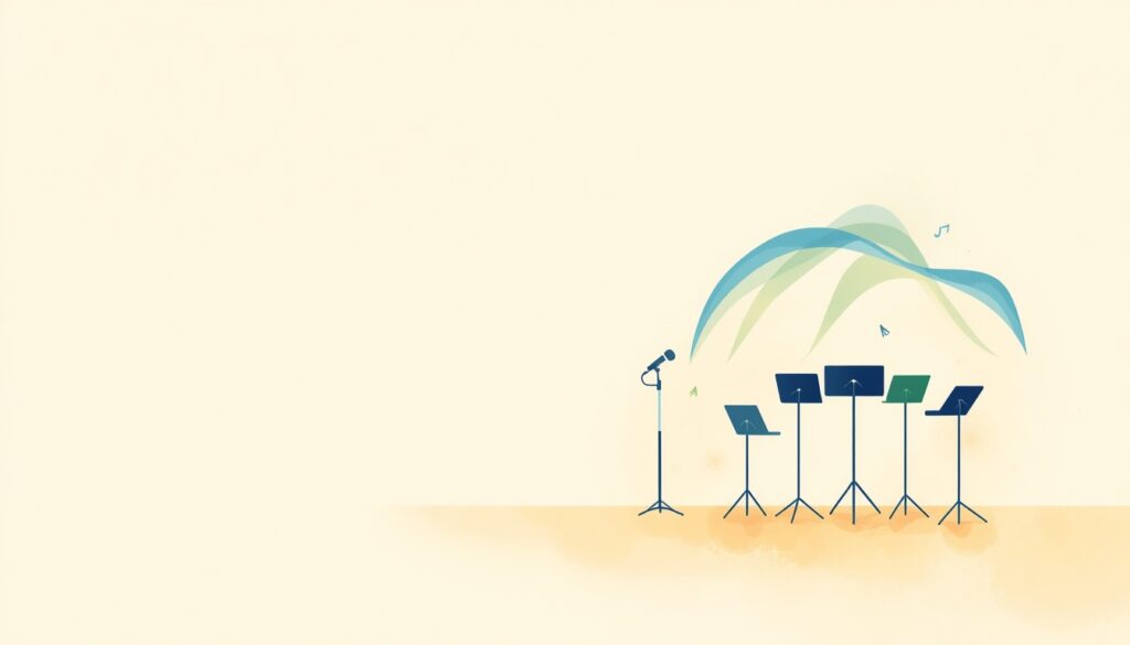 One microphone and music stand on the left and a semicircle of four music stands on the right, joined by a blue and green ribbon.