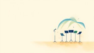 One microphone and music stand on the left and a semicircle of four music stands on the right, joined by a blue and green ribbon.