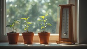 Seedlings of different heights beside a metronome, suggesting gradual progress in singing.