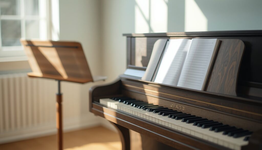 Two music stands and a blank notebook in a bright room, suggesting questions to ask a teacher.