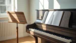 Two music stands and a blank notebook in a bright room, suggesting questions to ask a teacher.